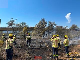 Els bombers treballen en un incendi de vegetació al voral de l&#039;AP-2, al Pla de Santa Maria