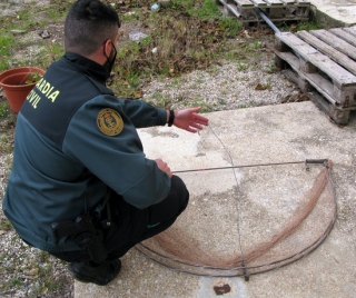Un agent del Seprona de la Guàrdia Civil mostrant la trampa per capturar aus rapinyaires a Cabra del Camp