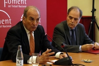El president de Foment del Treball, Joaquim Gay de Montellà, i el secretari general de la patronal, Joan Pujol, en roda de premsa