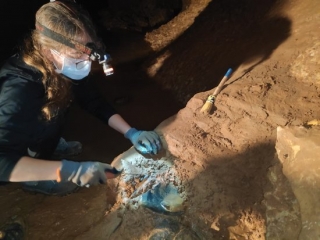 Imatge d&#039;una investigadora treballant en l&#039;excavació a les Coves de l&#039;Espluga de Francolí, el novembre del 2020