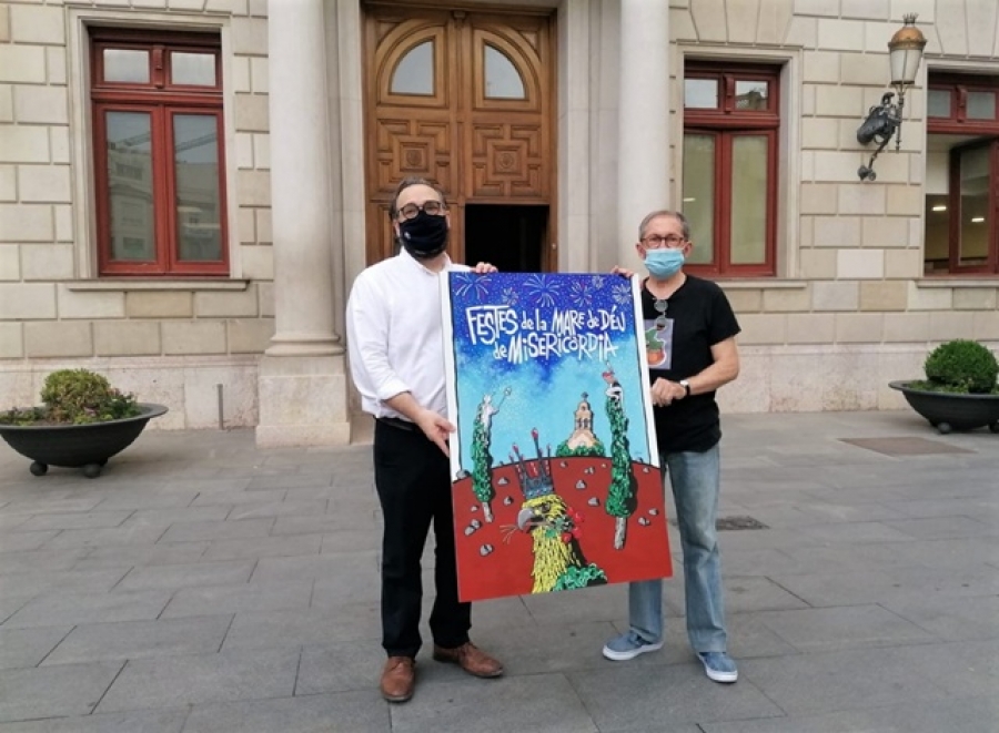 Una imatge del cartell, amb el seu autor i el regidor de Cultura