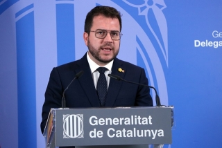 El president de la Generalitat, Pere Aragonès, en roda de premsa a la seu del Govern a Madrid 