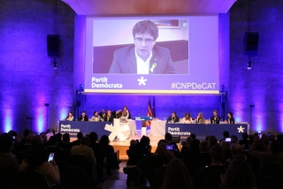 El candidat de JxCat a presidir la Generalitat, Carles Puigdemont, intervé al Consell Nacional del PDeCAT amb una intervenció en directe des de Brussel·les