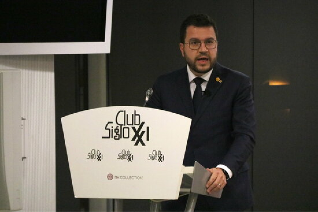 Imatge del president de la Generalitat, Pere Aragonès, en la conferència organitzada per Club Siglo XXI a Madrid