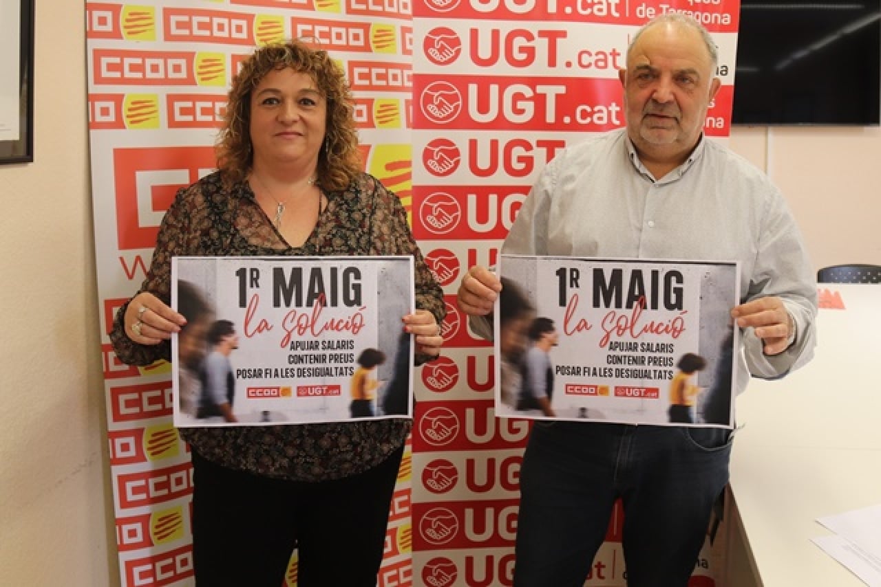 La secretària general de CCOO Tarragona, Mercè Puig, i el secretari general d&#039;UGT Tarragona, Joan Llort, en la presentació de la manifestació de l&#039;1 de Maig