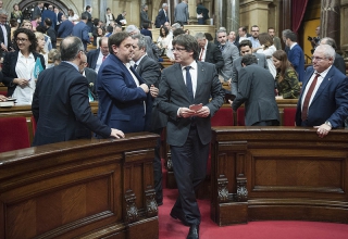 Carles Puigdemont i Oriol Junqueras, en acabar el ple d&#039;ahir