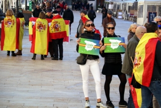Imatge d&#039;arxiu de dues simpatitzants de Vox amb cartells en defensa d&#039;Espanya al costat d&#039;un grup amb banderes espanyoles, abans de la concentració del partit d&#039;extrema dreta davant de l&#039;Ajuntament de Tarragona, el 12 de gener del 2020