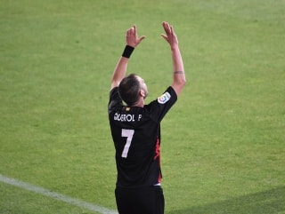 David Querol celebra el gol que ha donat la victòria al CF Reus