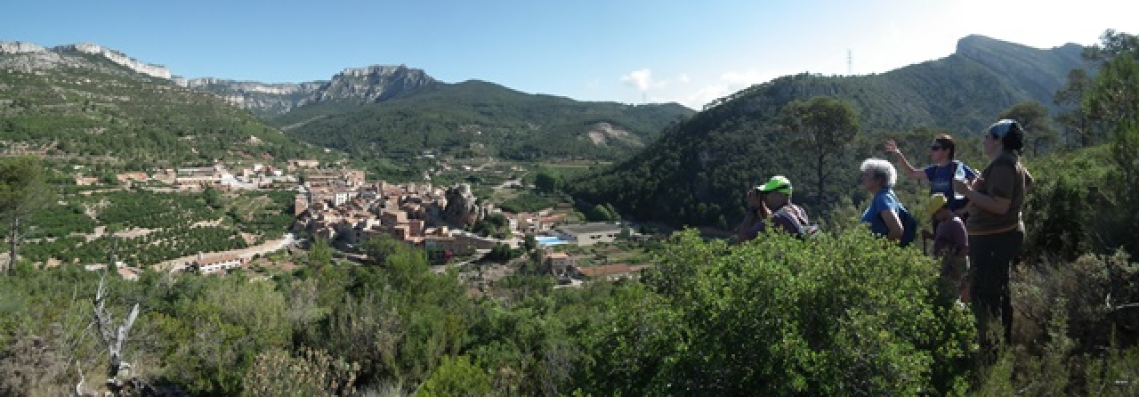 Vista panoràmica de Pratdip envoltat del paisatge de la Serra de Llaberia