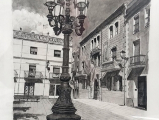 L&#039;obra és un dibuix que representa la plaça de l&#039;Om i la façana de la Casa de la Vila 